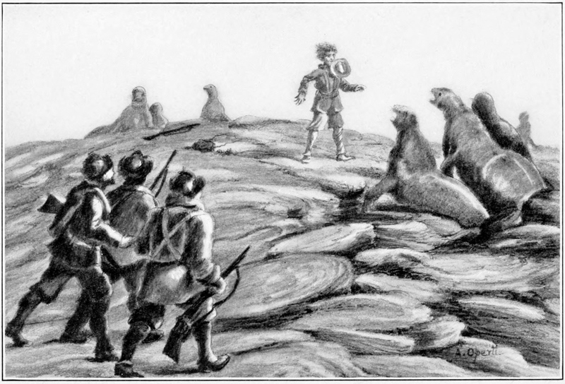 armed men approach a boy surrounded by seals